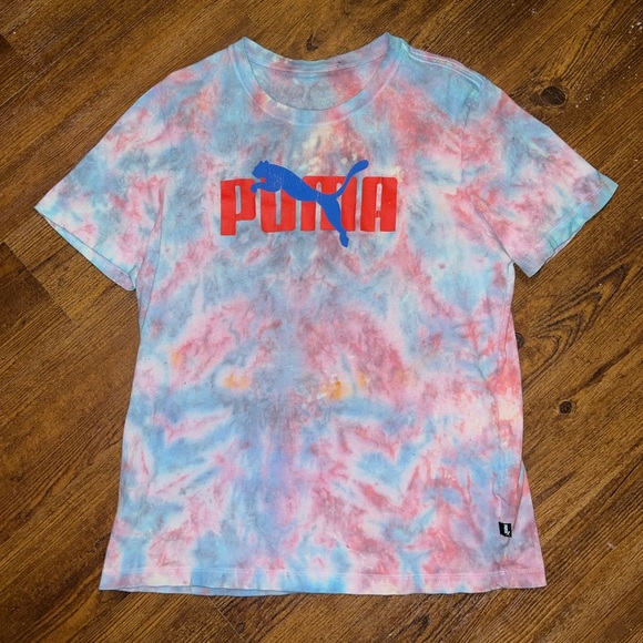 Puma Graphic Red & Blue Custom Tie-Dye Short Sleeve Shirt Size XL - Picture 1 of 9